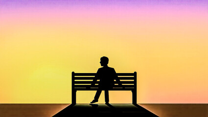 Obraz premium Minimalist silhouette of a person sitting alone on a bench at sunset, with soft pastel gradients evoking solitude and calmness.