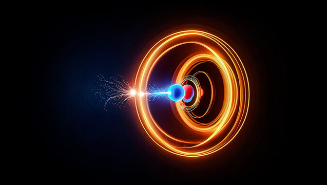 Electron jumps between atomic orbitals, releasing energy as glowing photon sparks-a dynamic visualization of quantum transitions.