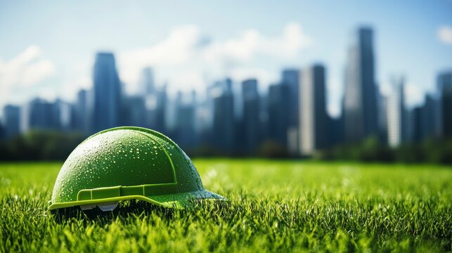 Green hard hat rests on grass with city skyline backdrop.