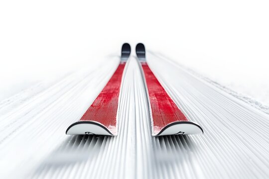 Red skis on groomed snow at ski resort for winter sports adventure and recreation - Powered by Adobe