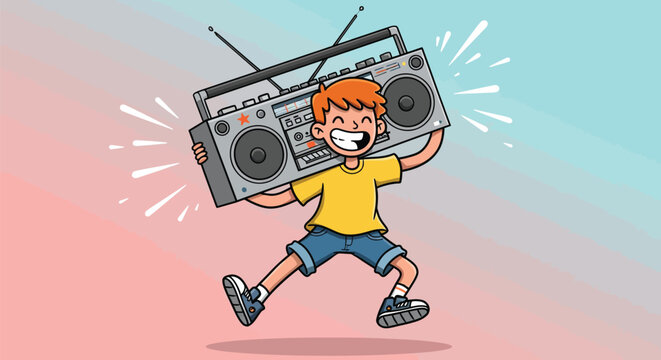 Happy boy running with vintage boombox radio