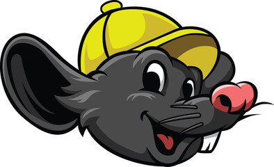 Happy Face Rat Head wear a Yellow Hat Cartoon Character