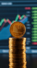 Gold coin atop stack of coins against blurred stock market graph background, symbolizing investment, finance, and wealth