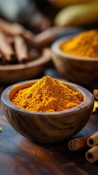 A rustic wooden bowl brims with vivid turmeric powder beside warm spices. Concept of natural flavor and holistic wellness in cooking. vertical video.