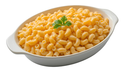 Macaroni and Cheese in White Oval Ceramic Dish – Baked Pasta with Golden Melted Cheese Topping Isolated on Transparent Background
