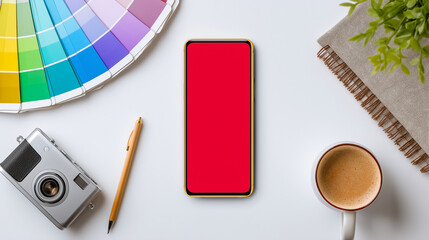 Smartphone with blank red screen sits on desk alongside color palette, vintage camera, and coffee cup. Minimalist workspace invites creativity and design