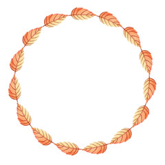 Watercolor round autumn frame. Botanical illustration on white background. Wedding invitation autumn. Greeting card. Yellow-orange foliage. Wreath.