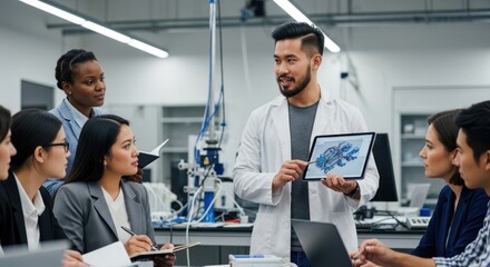 A group of students in a science lab, discussing a project on a tablet.