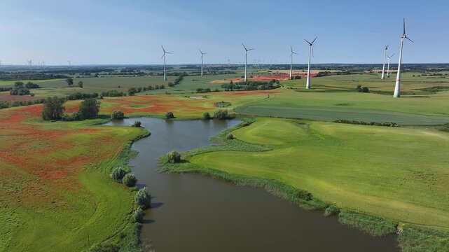 Aerial view of vibrant poppy fields contrasting with green fields and wind turbines near a serene lake, Brussow Uckermark, Brandenburg, Germany.