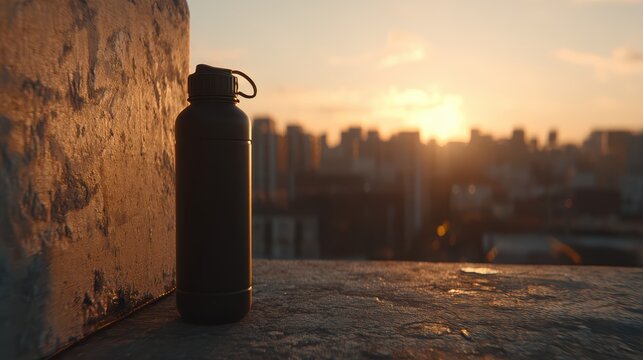 Black Stainless Steel Travel Bottle Against a Scenic City Skyline at Sunset