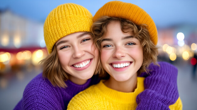 Two friends embrace with big smiles while wearing vibrant knit hats in yellow and purple. Warm holiday lights twinkle in the background. Concept of friendship, joy, lifestyle