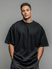 Fototapeta premium A beautiful male model wearing a black t-shirt. A product shot for fashion and apparel. best use for mockup.