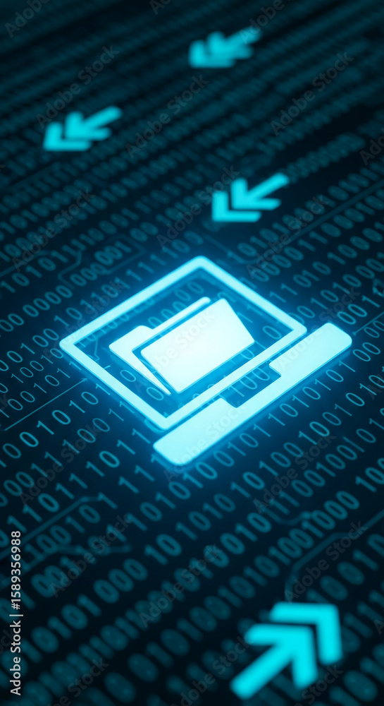 Poster Digital data transfer concept, illustrated by glowing folders icon on a binary code background with directional arrows, symbolizing data flow and online file sharing