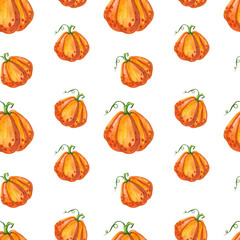 Seamless pattern with autumn pumpkins and leaves. October harvest. Thanksgiving and Halloween. Watercolor illustration for fabrics, textures, wallpapers, posters, cards.