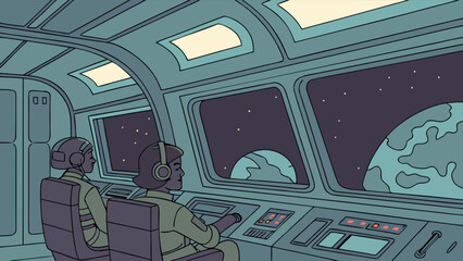 Futuristic spaceship interior illustration with astronauts piloting through outer space and planets view design