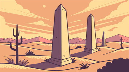 Desert landscape with obelisks and cacti vector illustration stock graphic design nature scene background