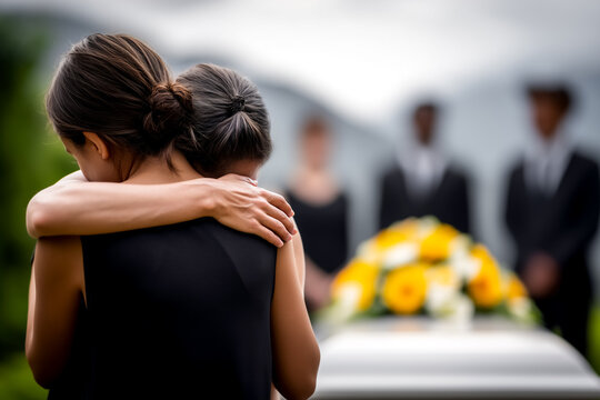 Two women hold each other tightly, expressing grief and support during a funeral. The setting features a casket adorned with flowers and mourners in the background