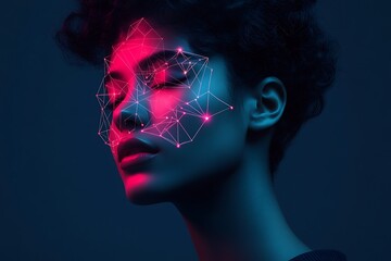 Futuristic portrait of a young woman with digital face scan and neon light effect