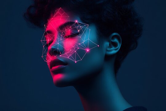 Futuristic portrait of a young woman with digital face scan and neon light effect