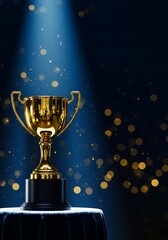 A golden trophy illuminated by a spotlight against a dark, bokeh-filled background.