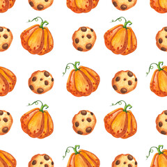 Seamless pattern with autumn pumpkins and leaves. October harvest. Thanksgiving and Halloween. Watercolor illustration for fabrics, textures, wallpapers, posters, cards.