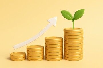 Financial Growth Concept: An upward-trending graph depicts the concept of financial prosperity, symbolized by stacks of coins, illustrating growth and investment.