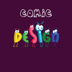 Fototapeta premium Comic letter character design vector illustration on purple background.