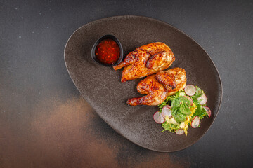 Roasted cornish hen is served with a fresh radish salad and a side of sweet chili sauce on a dark ceramic plate. top view. copy space.