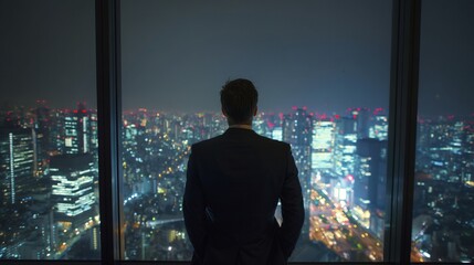 A businessman looking out over the city nightscape from a high-rise window, symbolizing success, ambition, and solitude | Businessman, Nightscape, Success, City
