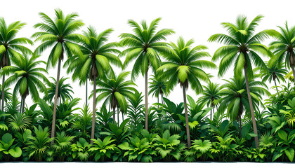 Tropical Palm Trees and Dense Foliage – Lush Green Horizontal Arrangement Isolated on transparent Background