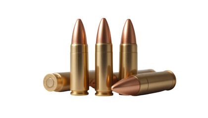 Copper-Colored Ammunition Cartridges – Cluster of Five Metallic Bullets with Shiny Finish Isolated on Transparent Background