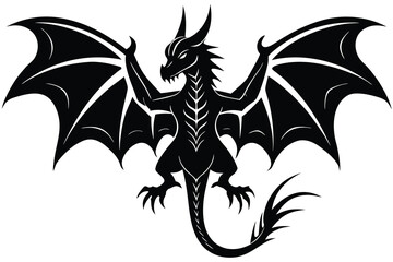 Naklejka premium Intricate Black Silhouette of a Spreading Dragon with Wings and Tail on White Background