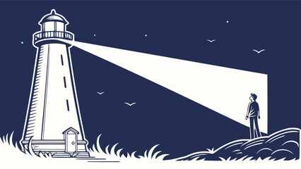 Lighthouse illustration shining light beacon at night with man looking at the light in the dark sky