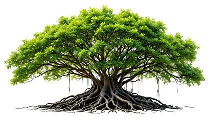 Lush Mangrove Tree with Aerial Roots – Vibrant Green Foliage and Detailed Branching Structure Isolated on Transparent Background