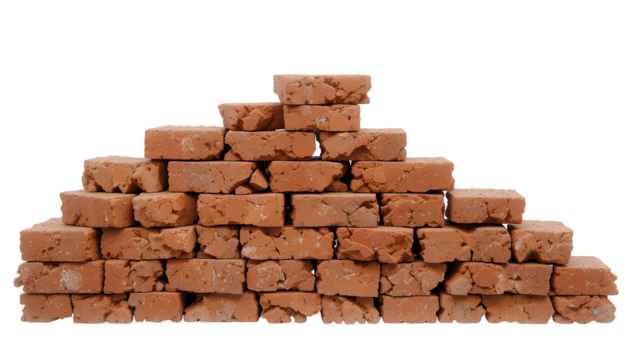 Stacked Antique Terracotta Bricks – Weathered Orange-Red Clay Bricks with Rough Texture and Irregularities Isolated on Transparent Background