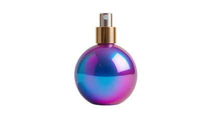 Iridescent Spray Bottle – Small Round Holographic Pink and Blue Container with Gold Nozzle and Metallic Finish Isolated on Transparent Background
