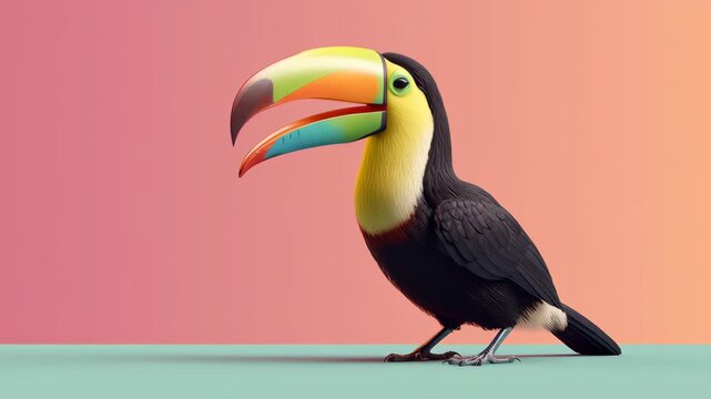 Vibrant toucan bird walking on a flat surface with pink background, ideal for branding, educational wildlife videos, and tropical-themed marketing, 4K, motion.