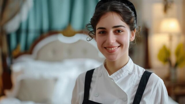 A woman wearing a white shirt and black suspenders stands near a bed, ready for something