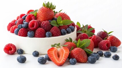 Obraz premium Berrylicious Cheesecake Raspberries, Strawberries, Blueberries, White Cream Cheese Base, Food Photography, Dessert Cheesecake, Berries
