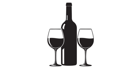 Wine bottle and glasses illustration in black and white, vector design