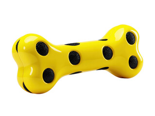 A cheerful yellow dog bone toy with playful black spots isolated on transparent background