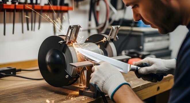 A Craftsman Sharpening a Knife, Sparks Fly, Skillful Hands, Precise Movements, Metal Gleams, Workshop Atmosphere, Dedicated Work, Intense Focus, Bladesmithing.