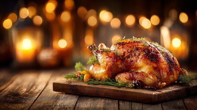 Golden roast baked turkey for thanksgiving and christmas dinner cozy setting culinary delight - Powered by Adobe