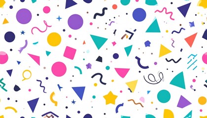 Colorful Abstract Pattern with Geometric Shapes in Memphis Style on White Background