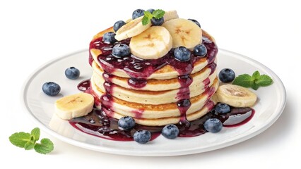 Blueberry Banana Pancakes Stack Delicious Food Photography, High-Angle Close-up Shot, Sweet Dessert Concept Pancake, Blueberry, Banana, Food Photography