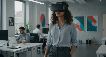 Woman Experiencing Virtual Reality in Modern Office