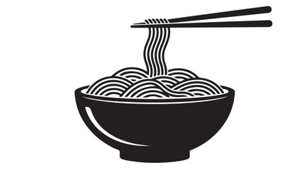 Black and white illustration of a bowl of noodles with chopsticks.