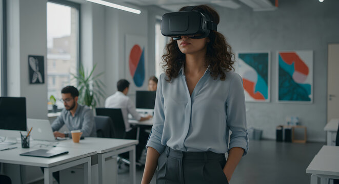 Woman Experiencing Virtual Reality in Modern Office