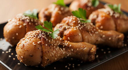 Fototapeta premium BBQ Grilled Chicken Legs with Sesame, Parsley & Tomato
