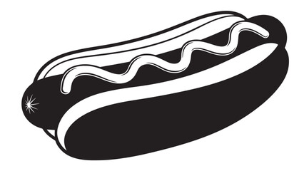 Black and white hot dog illustration with mustard, vector design element